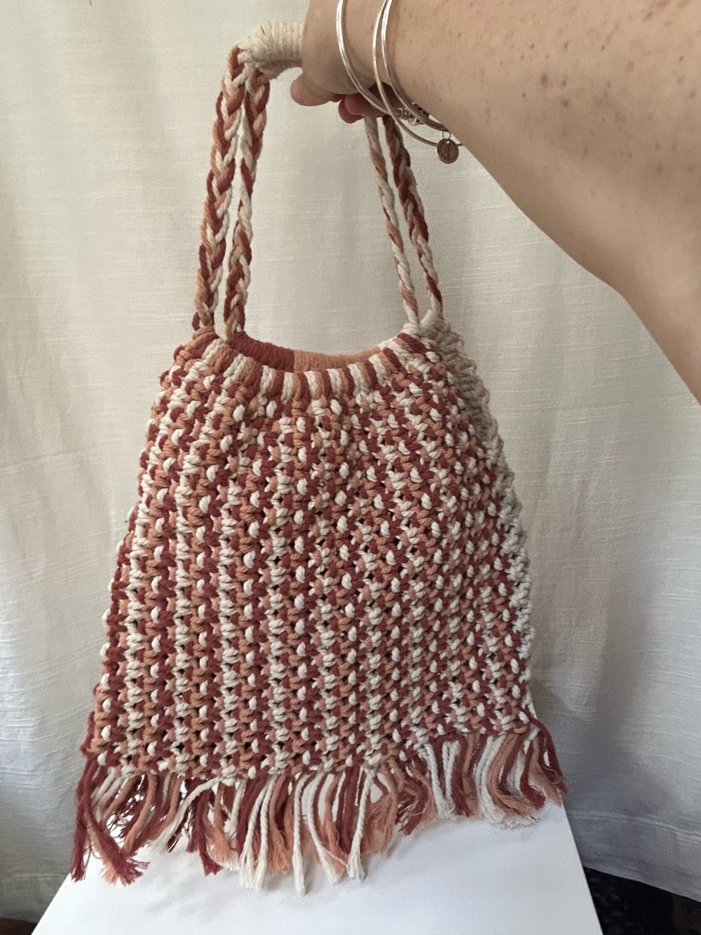 Handmade Boho Macrame Fringe Crocheted Shoulder Tote Bag